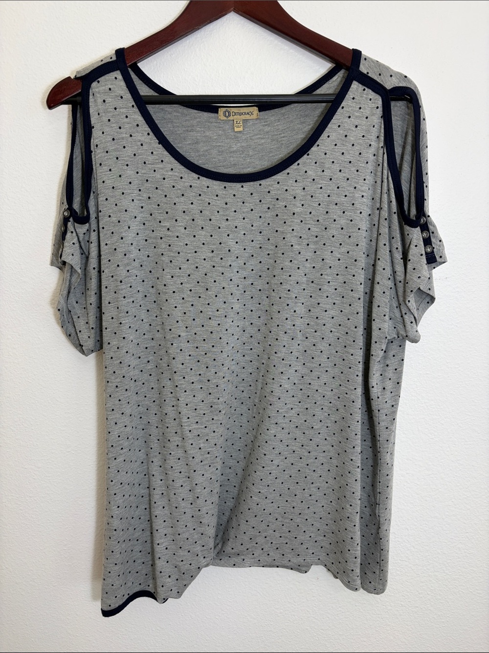 Democracy Grey Polka Dot Cold-Shoulder Tee with Navy Trim